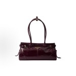 PRADA Bonnie Enamel metal triangular logo handbag, medium-sized women\'s Burgundy red